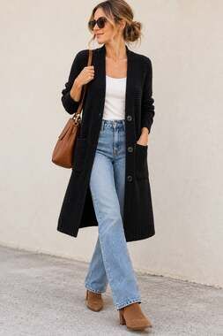 Reaction Kenneth Cole Black Cotton Chunky Knit Long Duster Cardigan S Cotton